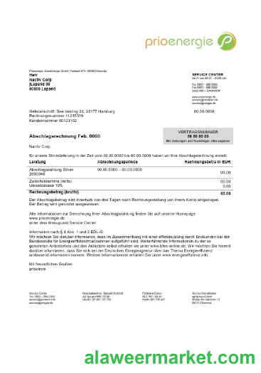 Germany Prioenergie proof of address business utility bill template in Word and PDF formats